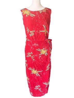 Vintage Red Floral Wrap Hawaiian Dress with Yellow & Green Accents